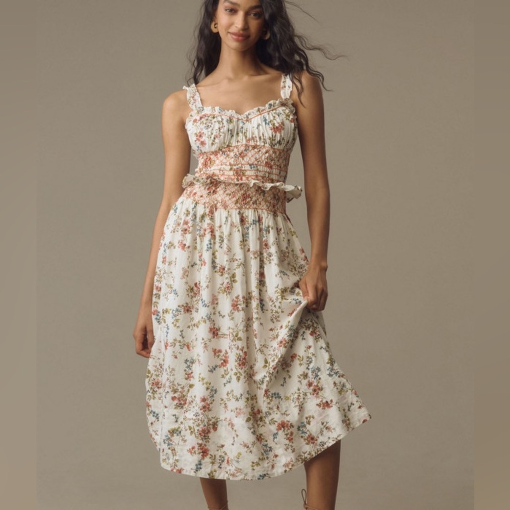 NWOT Anthropologie Sleeveless Smocked-Waist Ruffled Midi Dress
